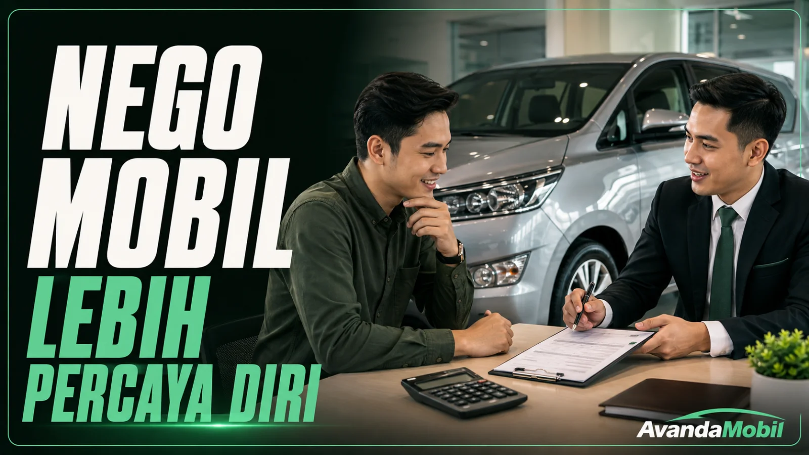Pembeli membandingkan rincian penawaran mobil di dealer