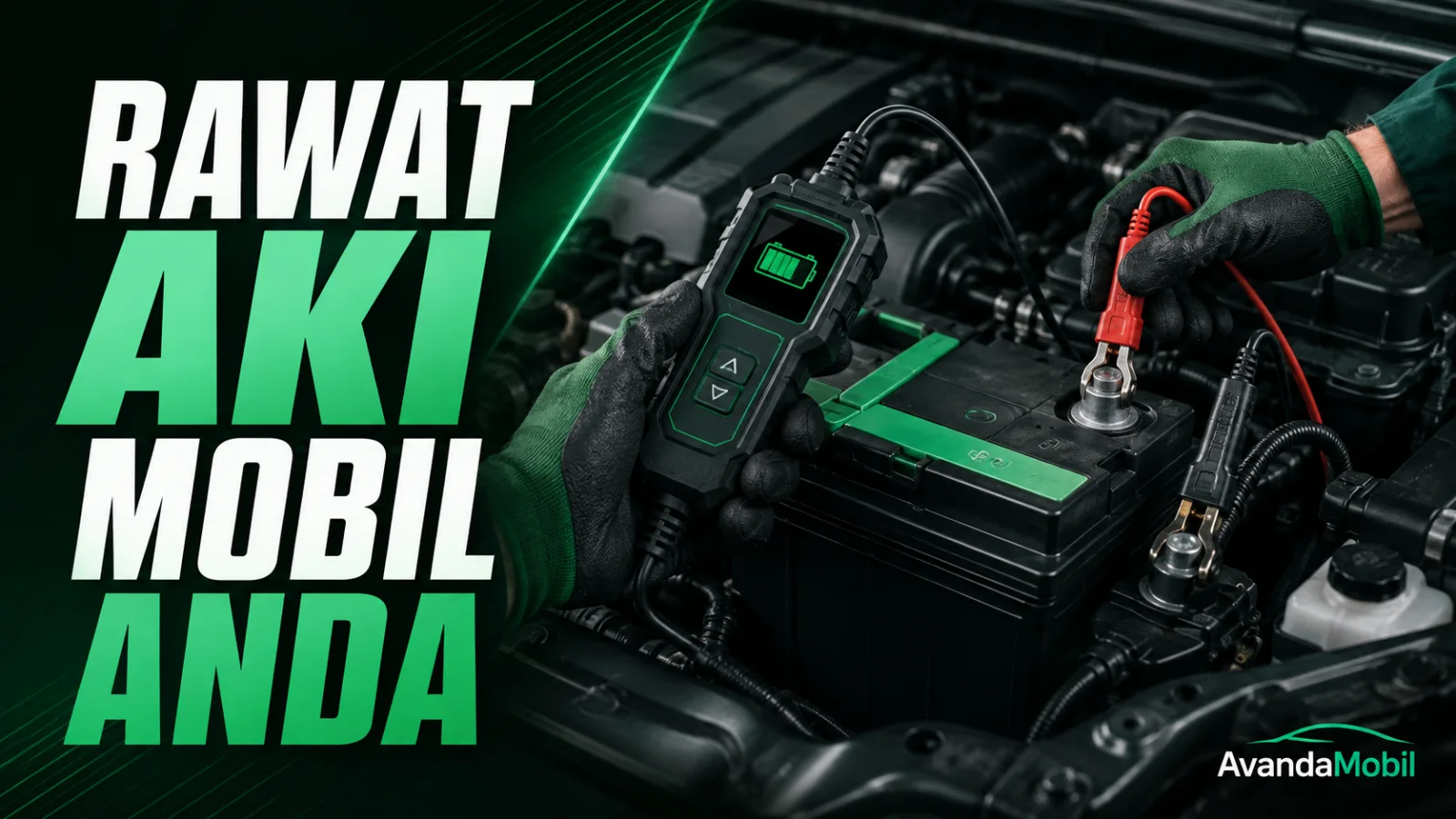 Teknisi menguji aki 12 volt di ruang mesin mobil