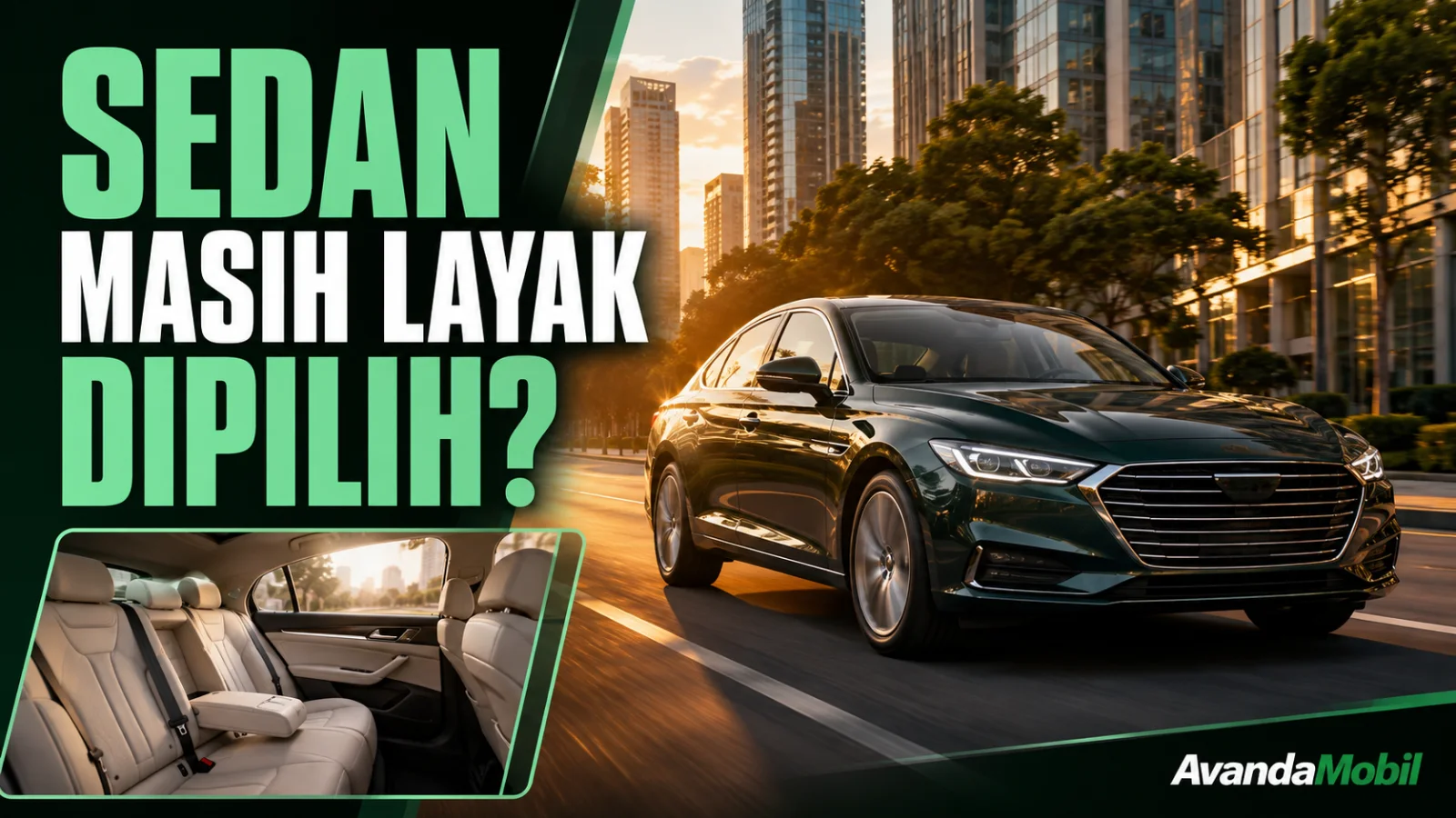 Sedan di jalan perkotaan dengan gambaran kursi belakang